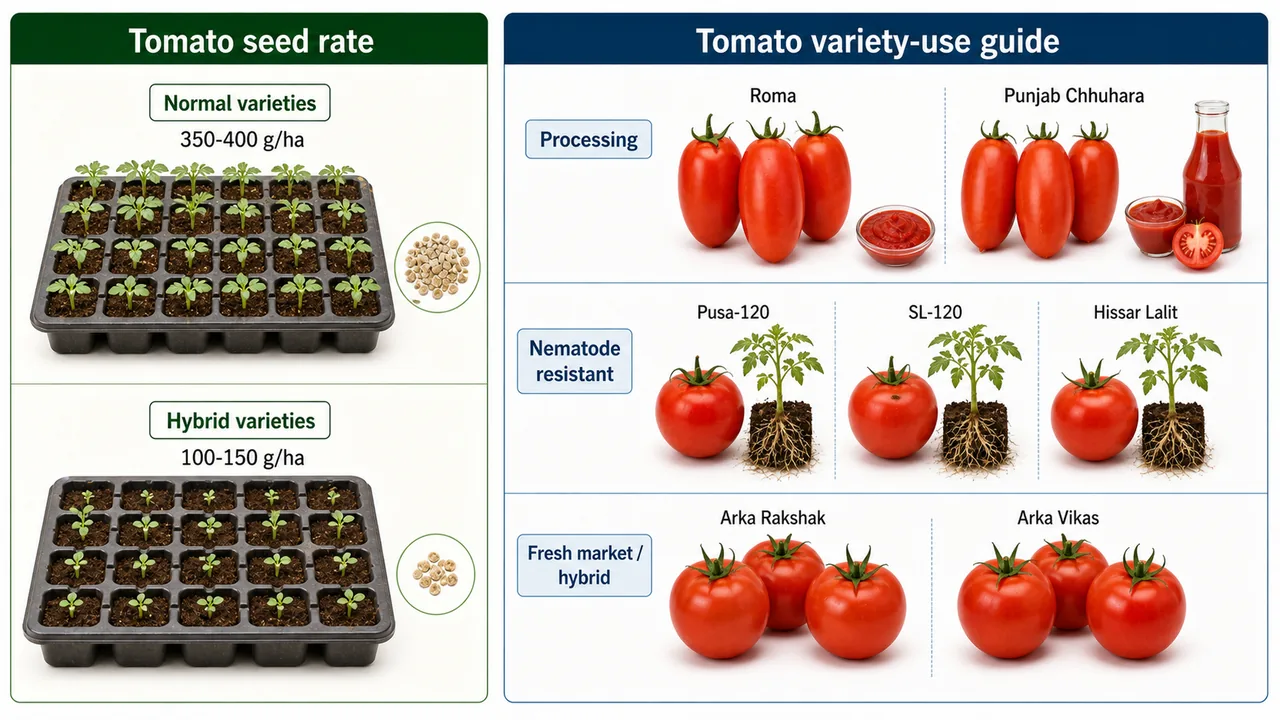 Tomato seed rate comparison for normal and hybrid varieties plus practical variety-use guide for processing nematode resistance and fresh market types