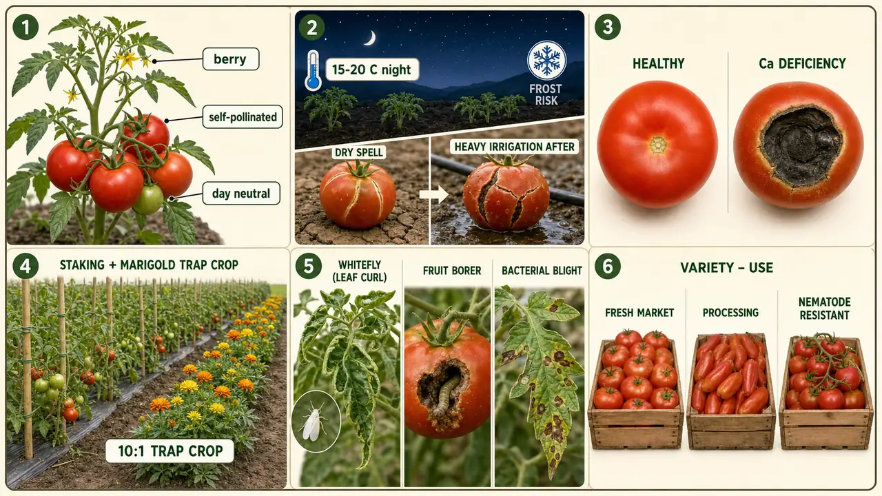 Tomato summary cheat sheet visual showing botanical identity, climate needs, blossom end rot, trap-crop staking, key pests and diseases, and variety-use groups