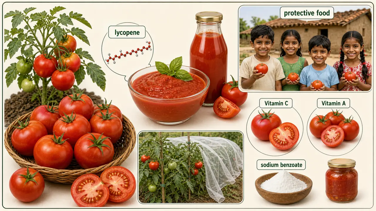 Tomato nutrition and processing visual showing lycopene, protective food value, Vitamin C, Vitamin A, and sodium benzoate for sauce preservation