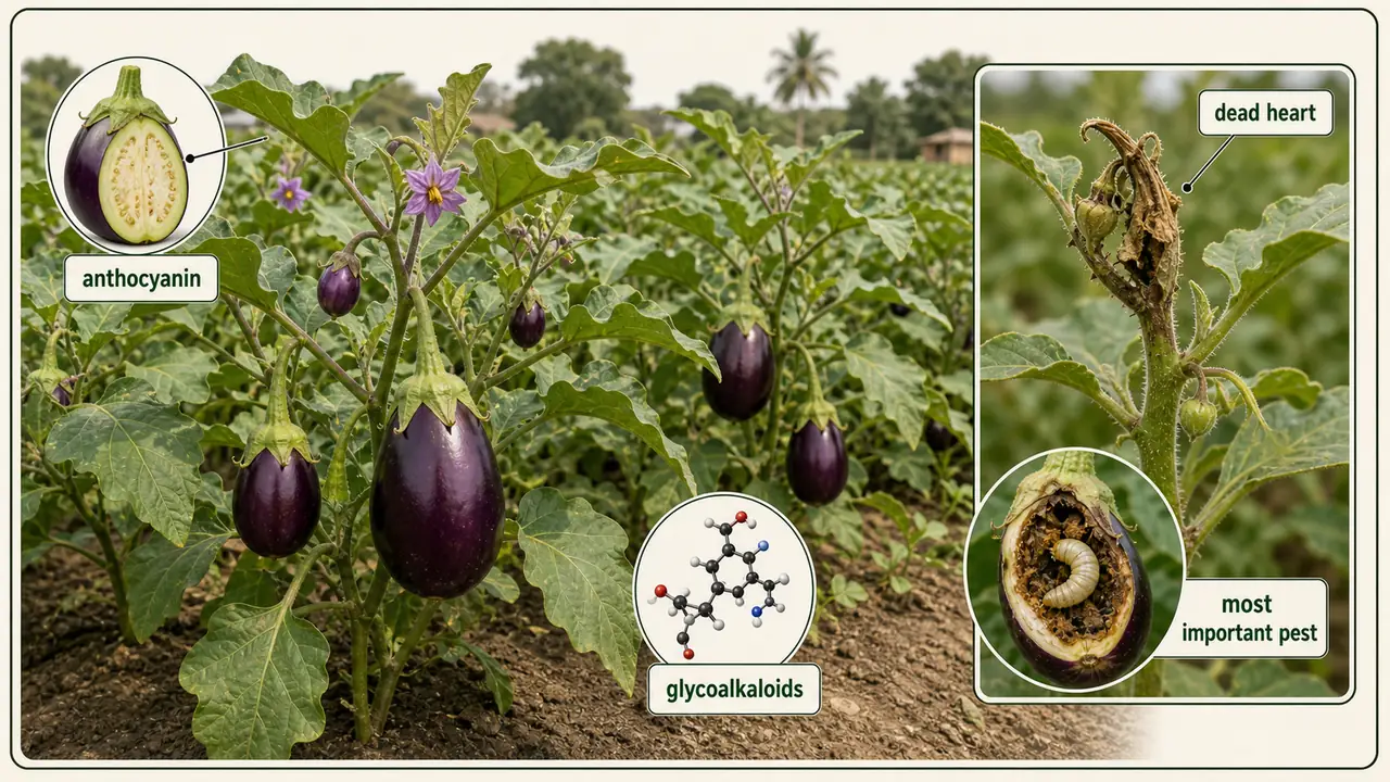 Brinjal intro overview showing purple anthocyanin-rich fruits, glycoalkaloid cue, dead heart symptom, and the fruit and shoot borer as the major pest