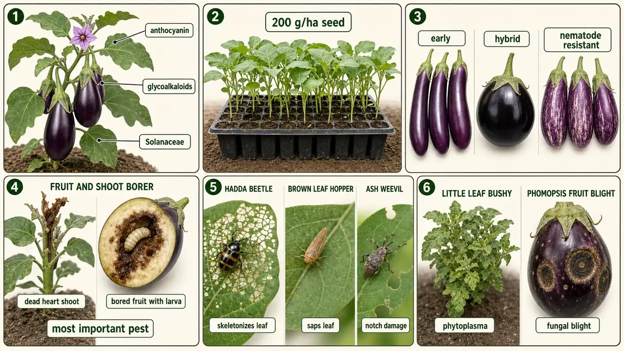 Brinjal summary cheat sheet visual showing crop identity, seed rate, variety groups, fruit and shoot borer, key insect pests, little leaf, and Phomopsis blight