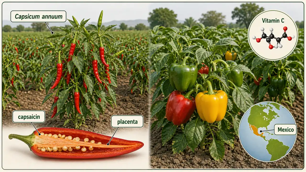 Chilli and capsicum intro overview showing Capsicum annuum, capsaicin in placenta, Vitamin C cue, and Mexico as the crop origin