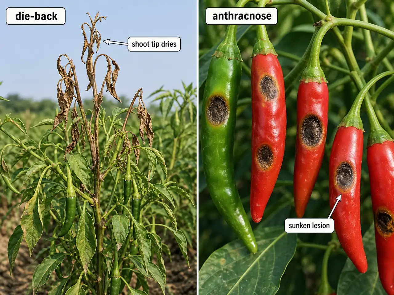 Chilli anthracnose and die-back symptoms showing sunken fruit lesions and drying of shoot tips