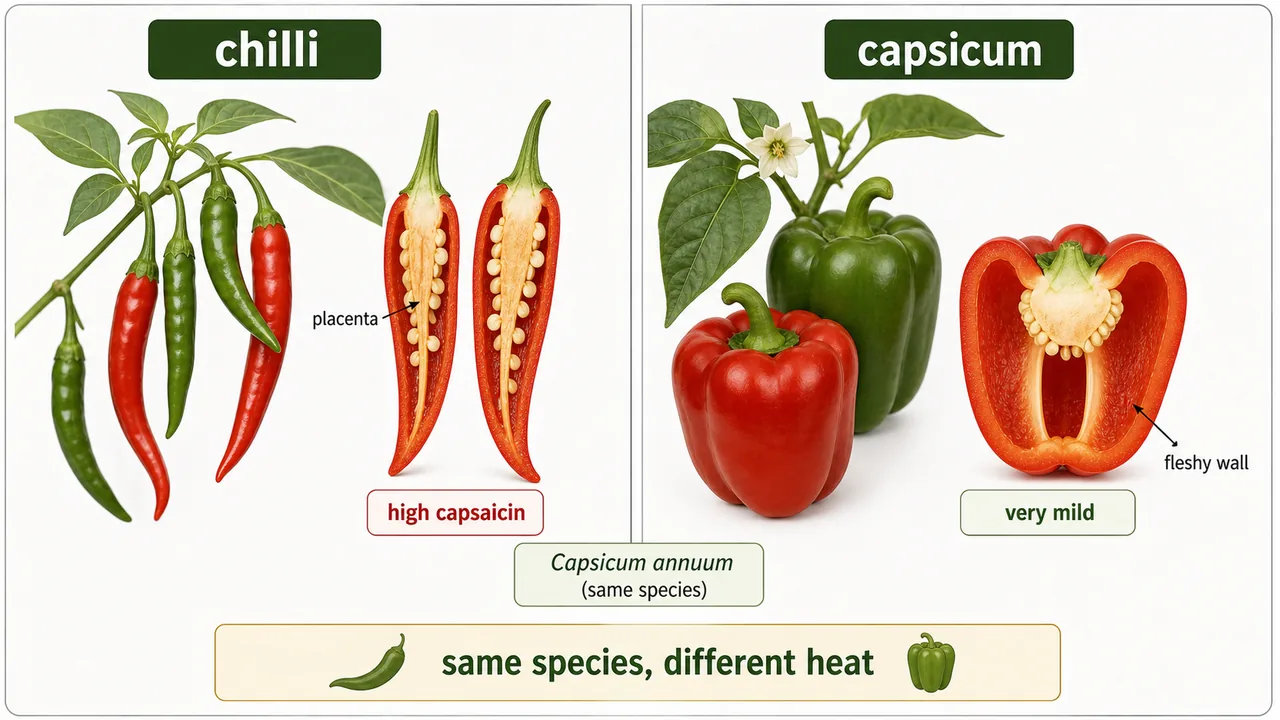 Chilli versus capsicum comparison showing both as Capsicum annuum but with high capsaicin in chilli and very mild capsicum