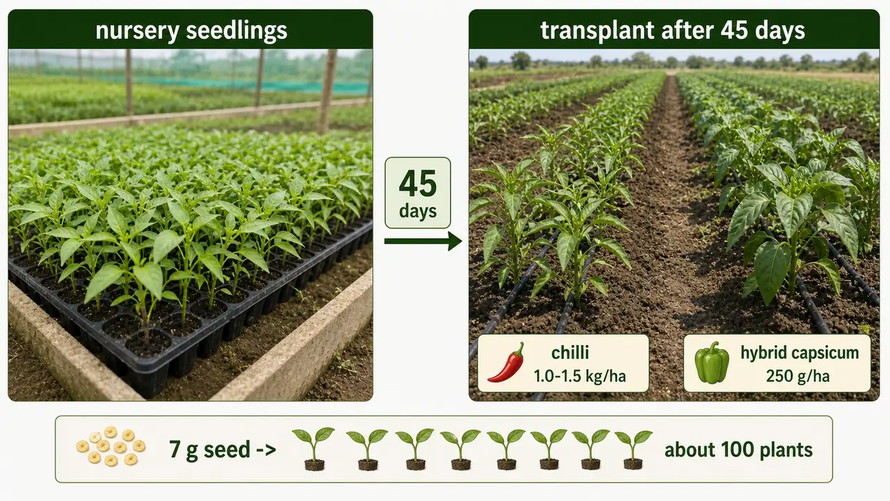 Chilli and hybrid capsicum establishment showing nursery seedlings, 45-day transplant stage, and field planting with seed-rate labels