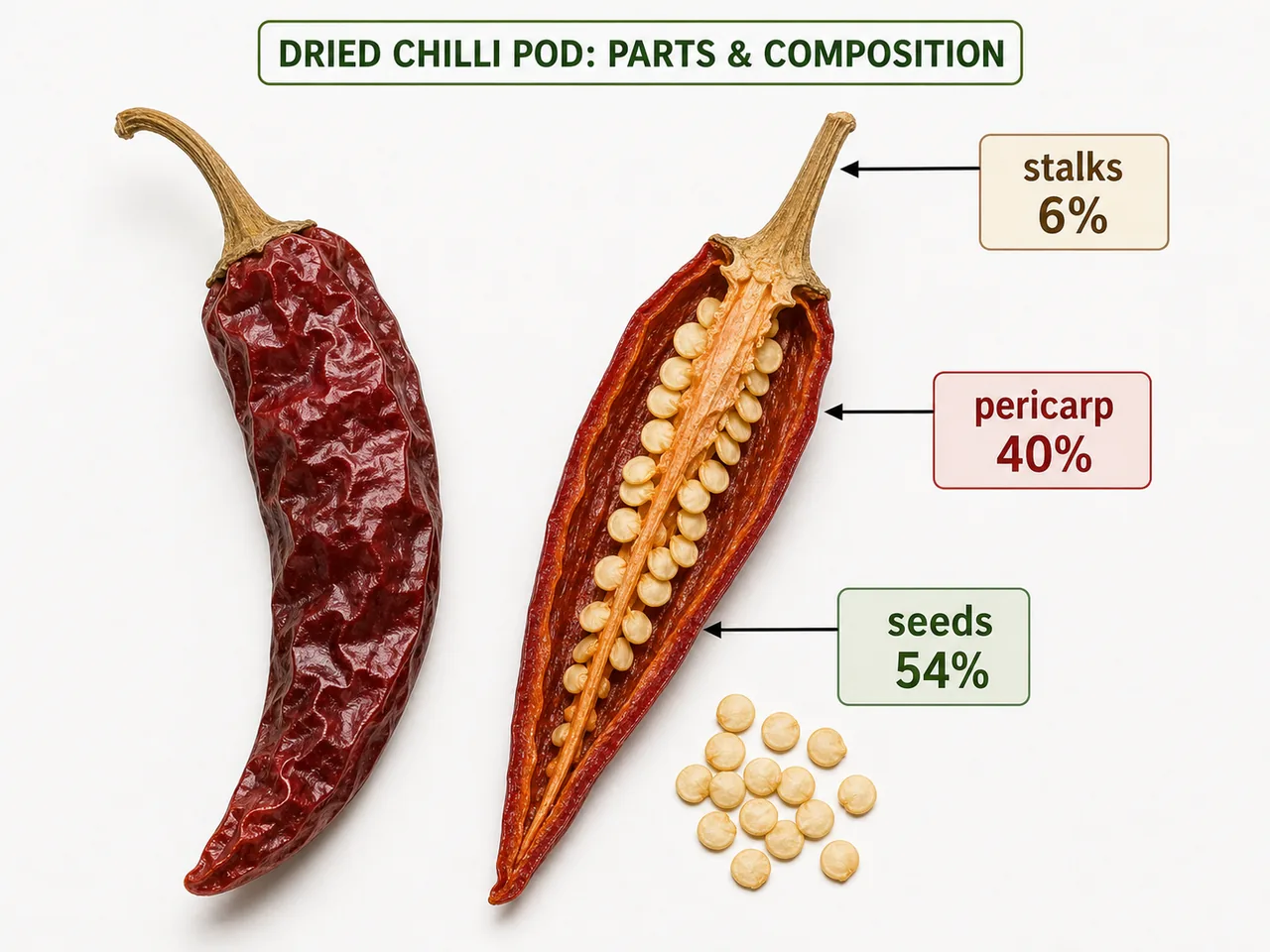 Composition of dry chilli showing seeds 54 percent, pericarp 40 percent, and stalks 6 percent in a cut dry chilli fruit