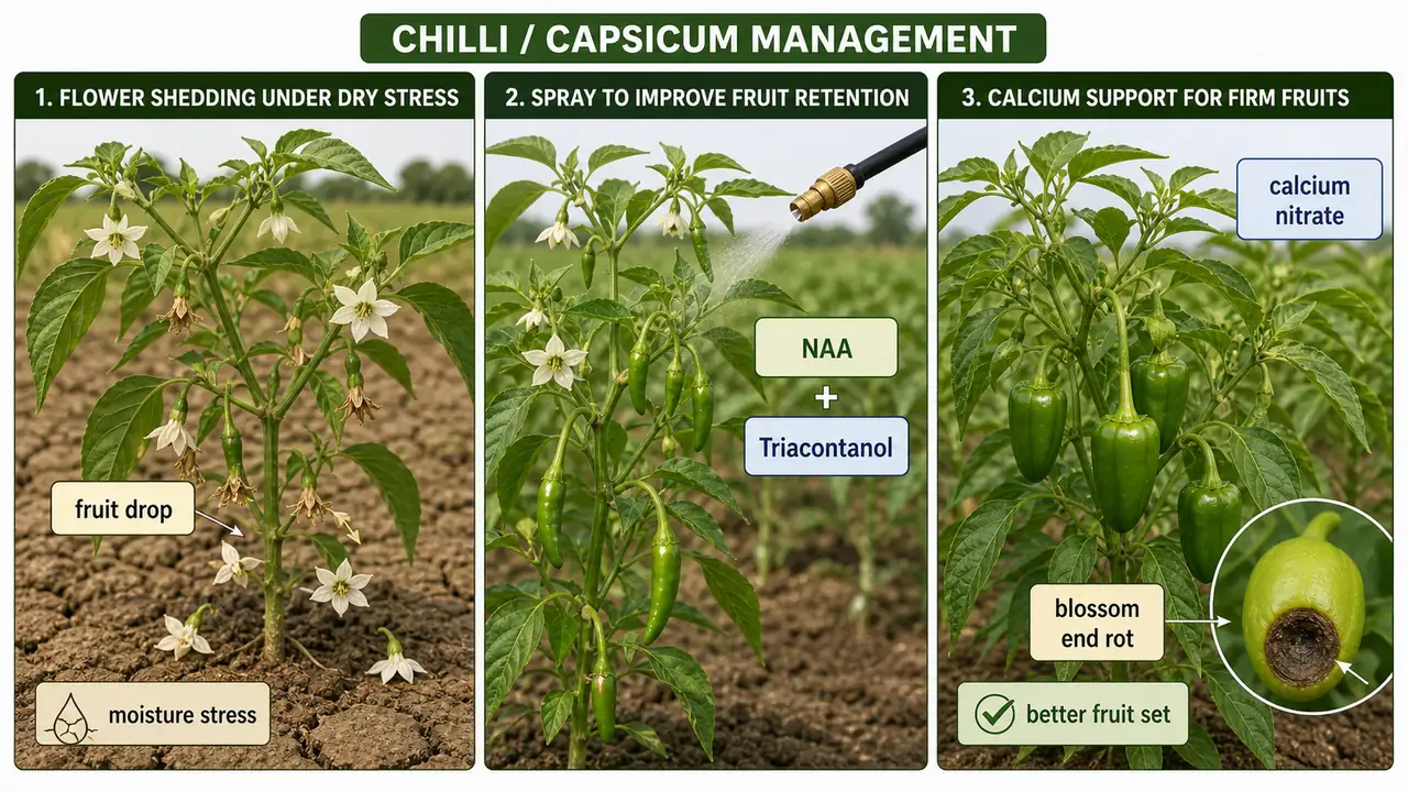 Chilli fruit-drop and quality management visual showing moisture-stress flower drop, NAA and triacontanol spray, and calcium nitrate support for fruit quality