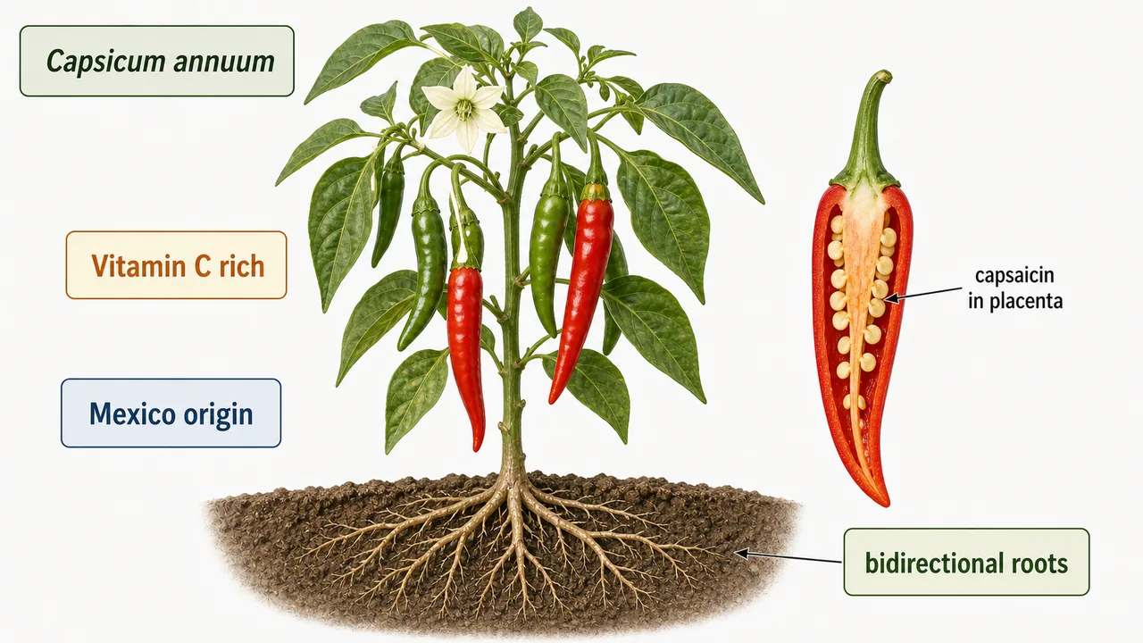 Chilli botanical identity visual showing Capsicum annuum plant, white flower, red and green fruits, and placenta carrying capsaicin