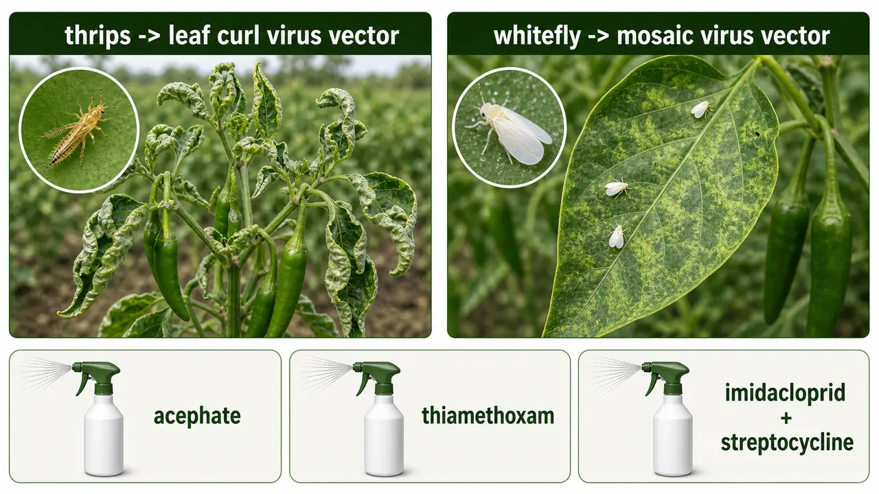 Chilli thrips and whitefly management board showing thrips damage, whitefly vectoring, and spray options for control