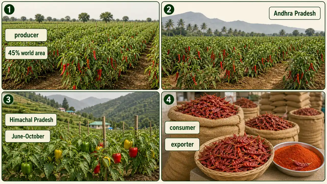 Chilli trade visual showing India as producer consumer exporter, Andhra Pradesh production, Himachal Pradesh off-season capsicum, and 45 percent world-area share