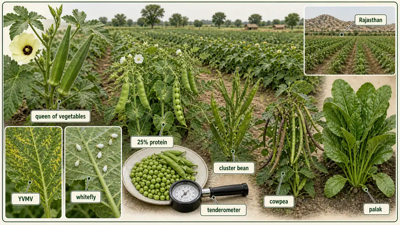 Other vegetables intro overview showing okra, pea, cluster bean, cowpea, and palak with YVMV, whitefly, protein, tenderometer, and Rajasthan cues