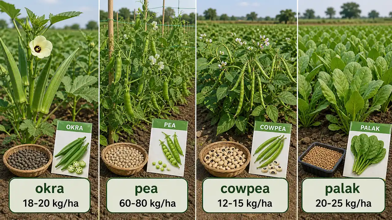 Seed rate quick reference for okra, pea, cowpea, and palak shown as a practical mixed-vegetable field comparison