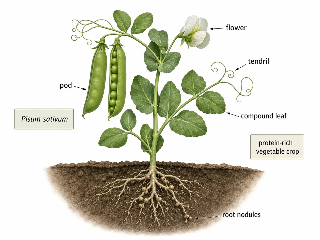 Pea botanical identity visual showing pod, flower, tendril, compound leaf, and root nodules on a pea plant