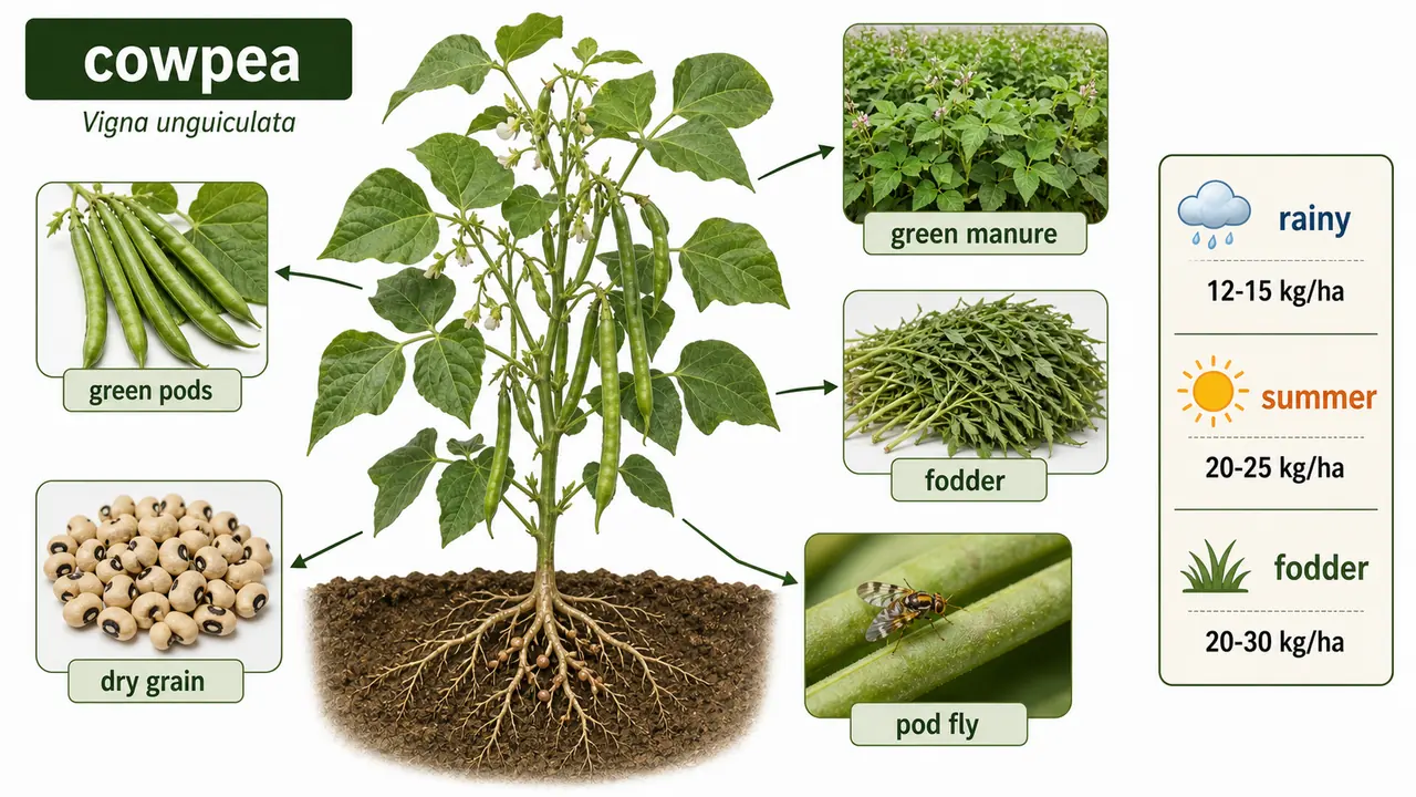 Cowpea crop visual showing pods, multiple uses as vegetable pulse manure and fodder, and seed-rate cues by purpose