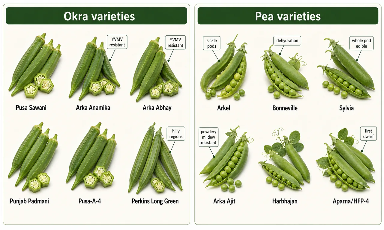 Okra and pea important varieties board showing YVMV-resistant okra entries and key pea varieties with cues for dehydration whole-pod edibility powdery mildew resistance and dwarf habit