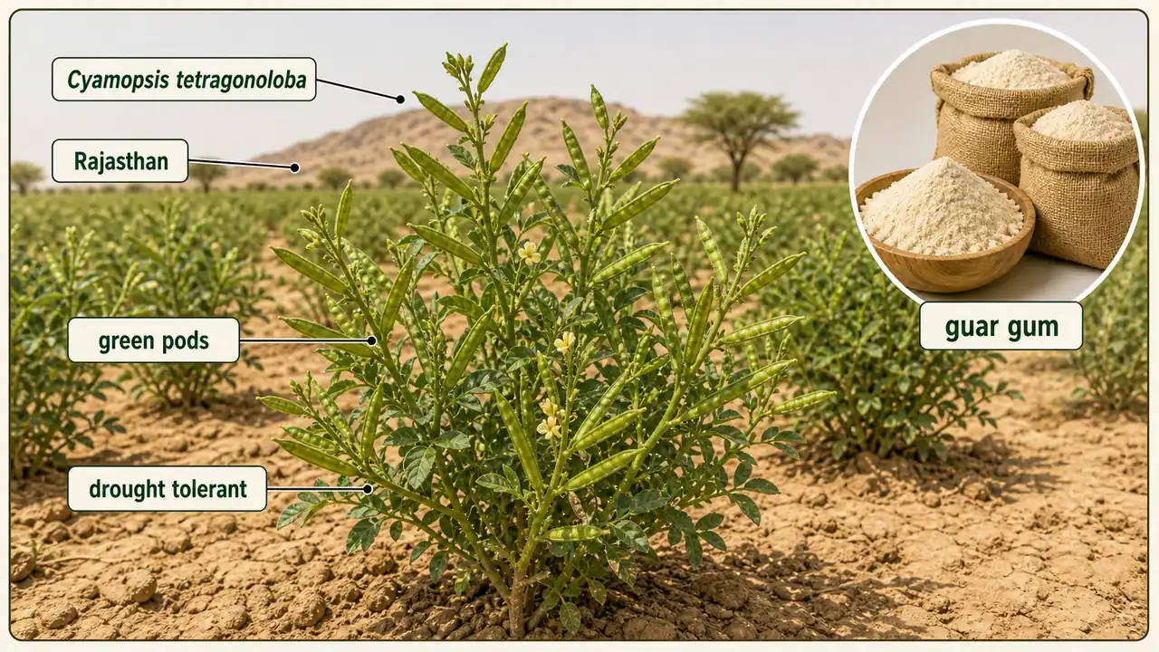 Cluster bean guar visual showing drought-tolerant plants in Rajasthan with green pods and guar gum as the key industrial product