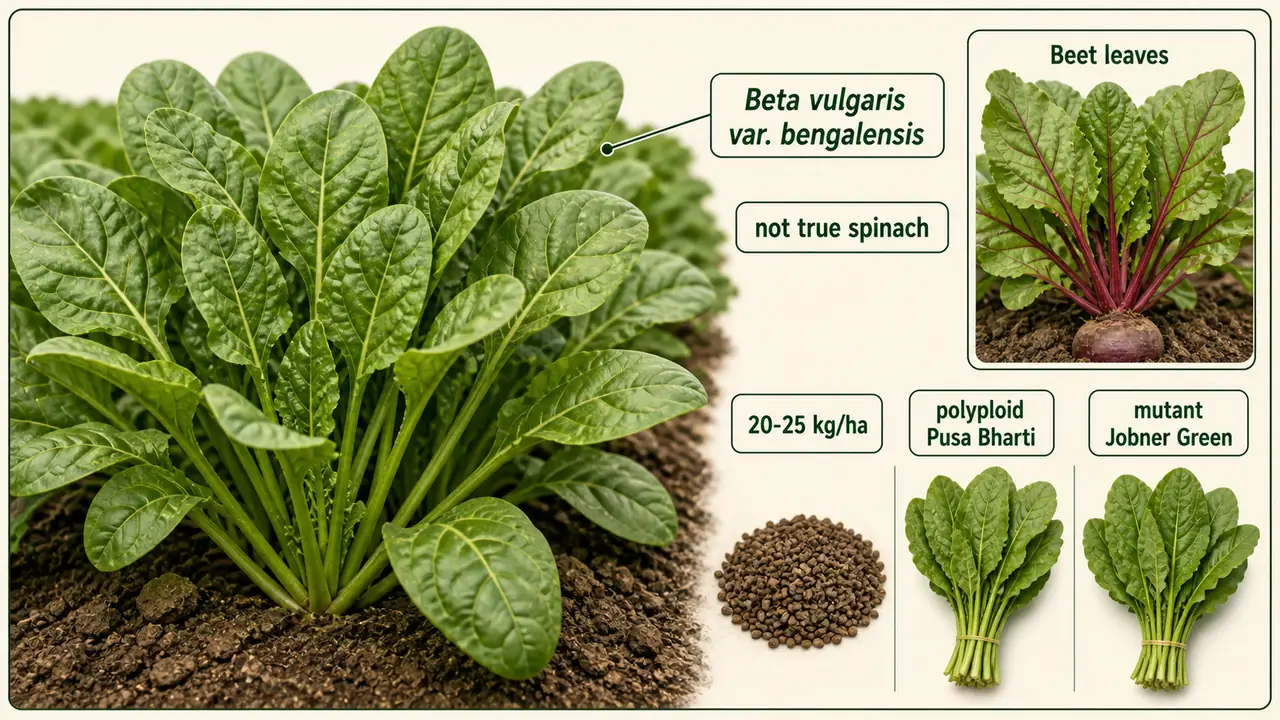Palak visual showing Beta vulgaris var bengalensis, distinction from true spinach, seed rate, and key variety cues such as polyploid Pusa Bharti and mutant Jobner Green