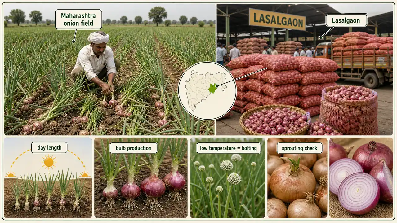 Onion intro overview showing Maharashtra onion field, Lasalgaon market, bulb-production day length, low-temperature bolting, and sprouting control in storage