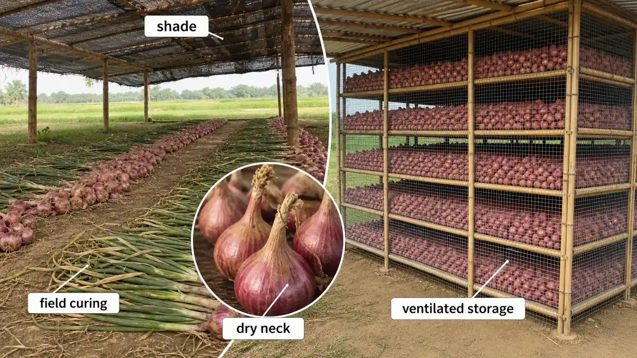 Onion post-harvest handling showing field curing under shade, dry neck stage, and ventilated storage racks