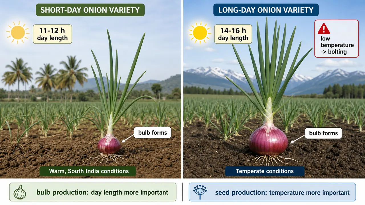 Onion bulb formation and photoperiod comparison showing short-day and long-day varieties under different day lengths