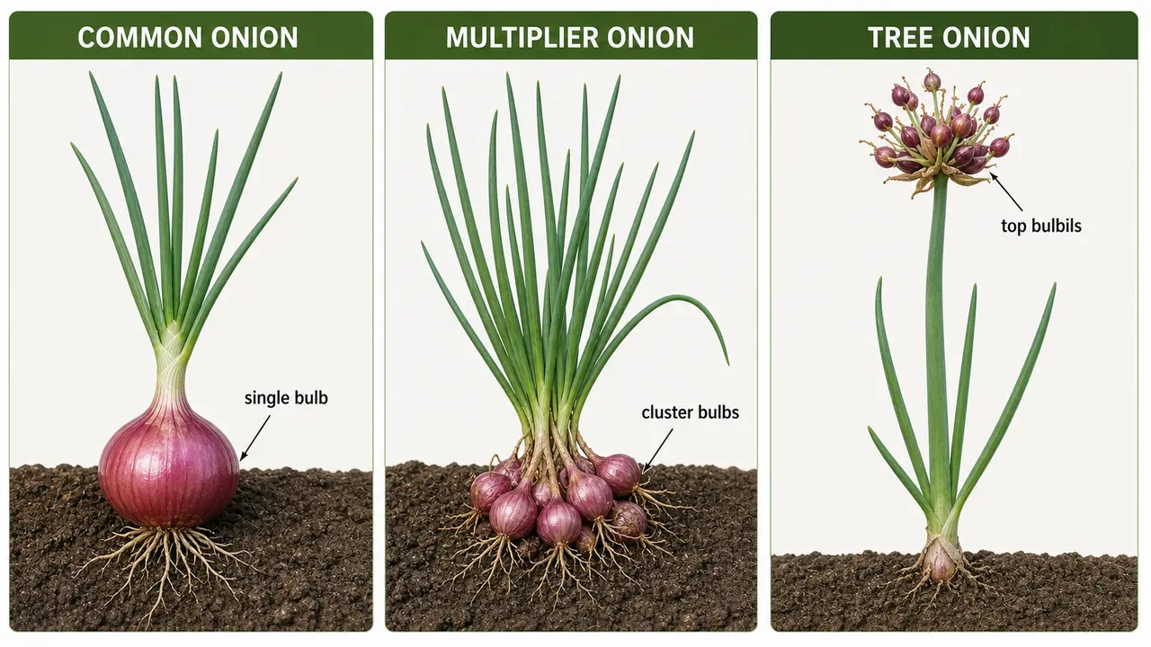 Types of onion comparison showing common onion with single bulb, multiplier onion with clustered bulbs, and tree onion with top bulbils