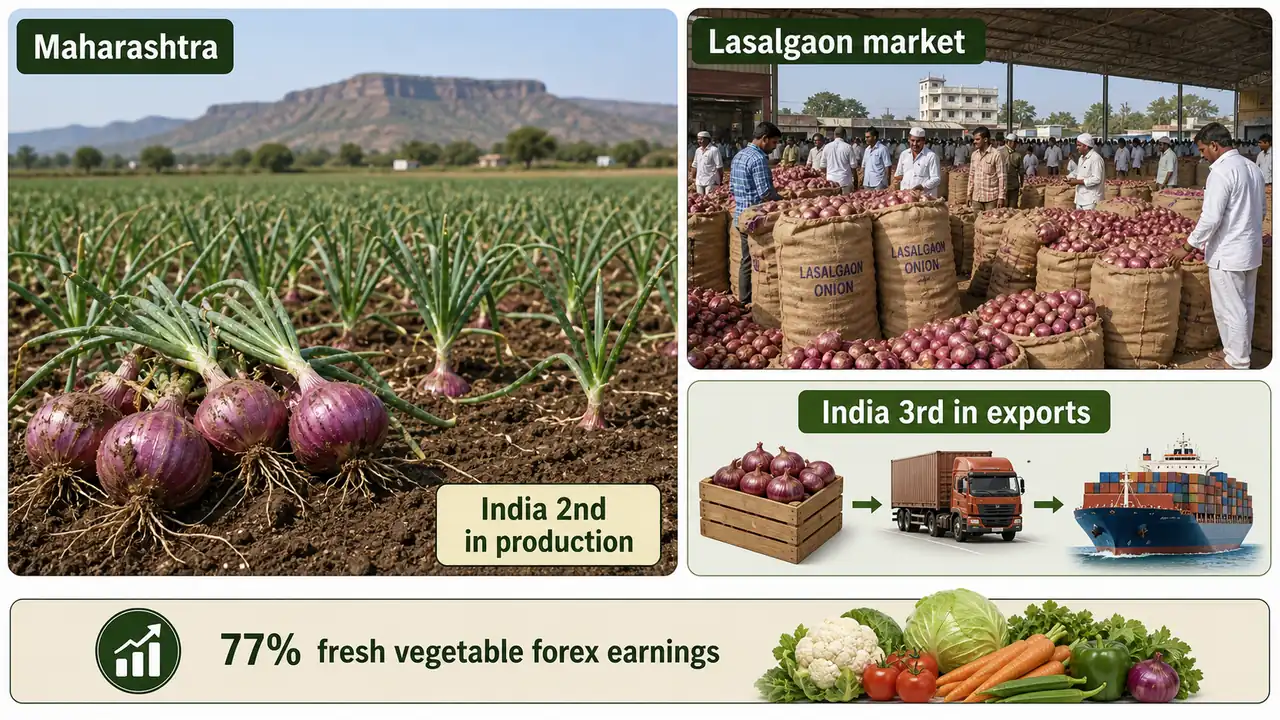 India's onion production visual showing Maharashtra onion fields, Lasalgaon market, and export context