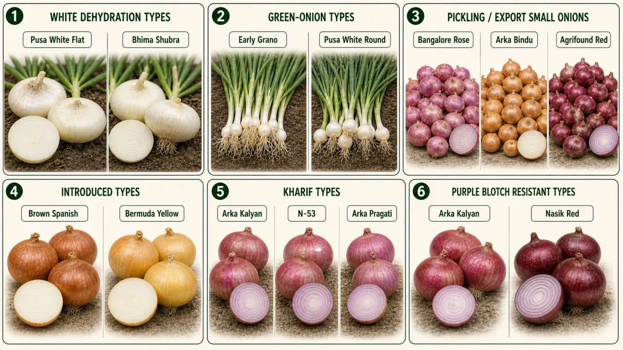 Onion important varieties visual showing white dehydration types, green-onion types, pickling and export onions, introduced types, kharif types, and purple blotch resistant varieties