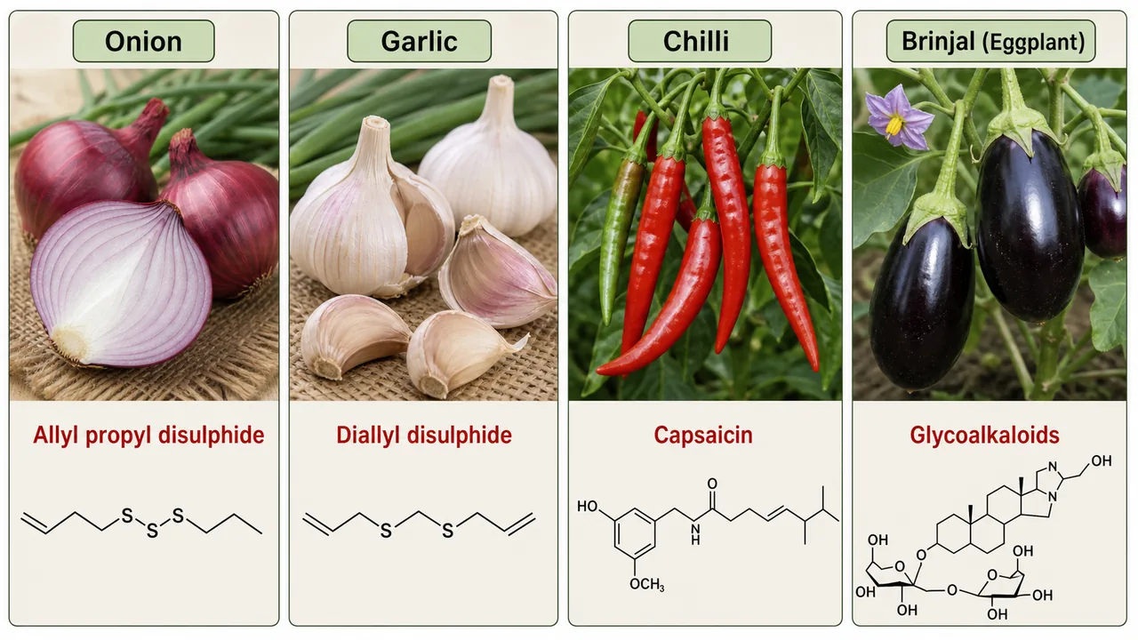 Comparison of pungency compounds in garlic, onion, chilli, and brinjal with crop examples and chemical labels
