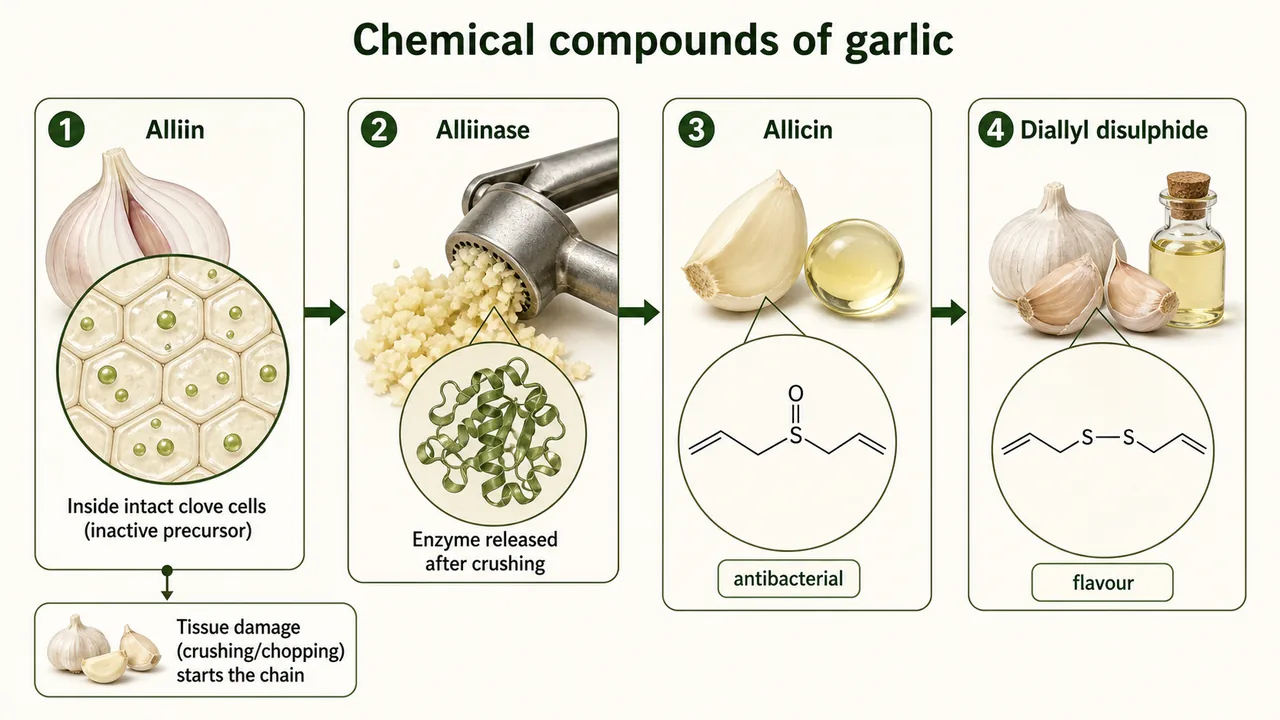 Chemical compounds of garlic showing alliin in intact clove cells, alliinase released after crushing, allicin as antibacterial compound, and diallyl disulphide as flavour compound