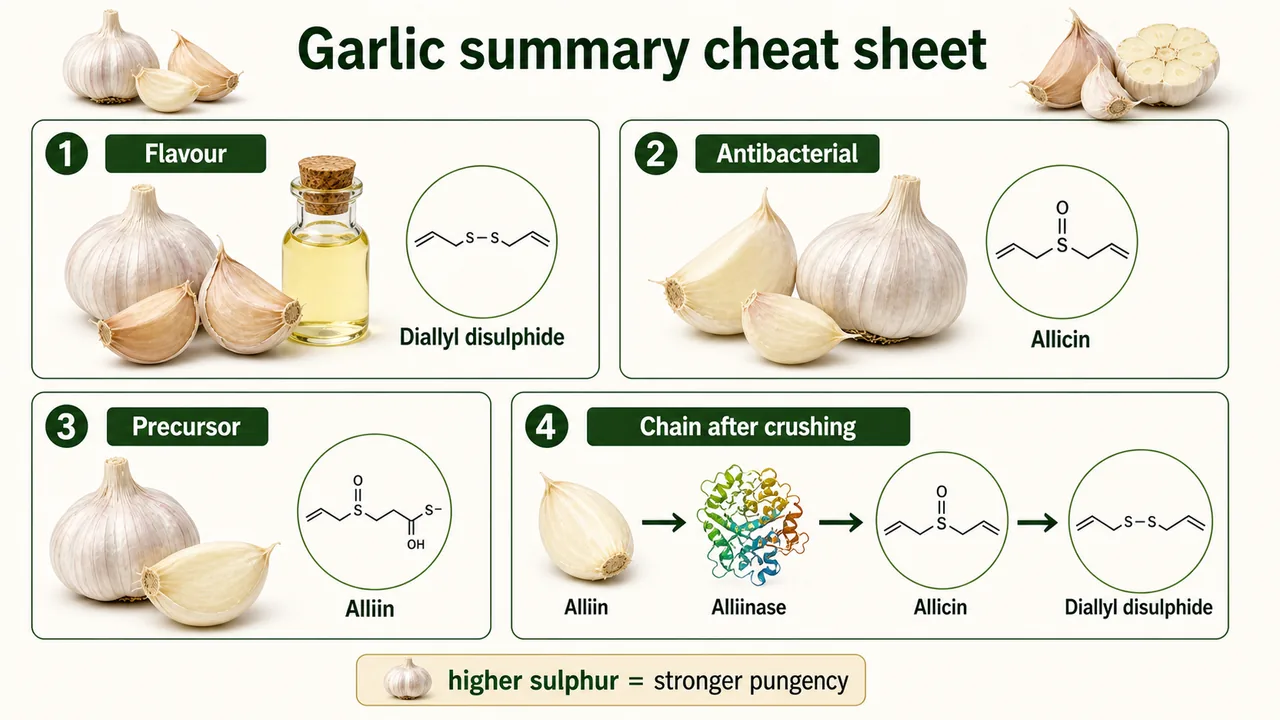 Garlic summary cheat sheet showing diallyl disulphide as flavour compound, allicin as antibacterial compound, alliin as precursor, and the crushing-triggered conversion chain