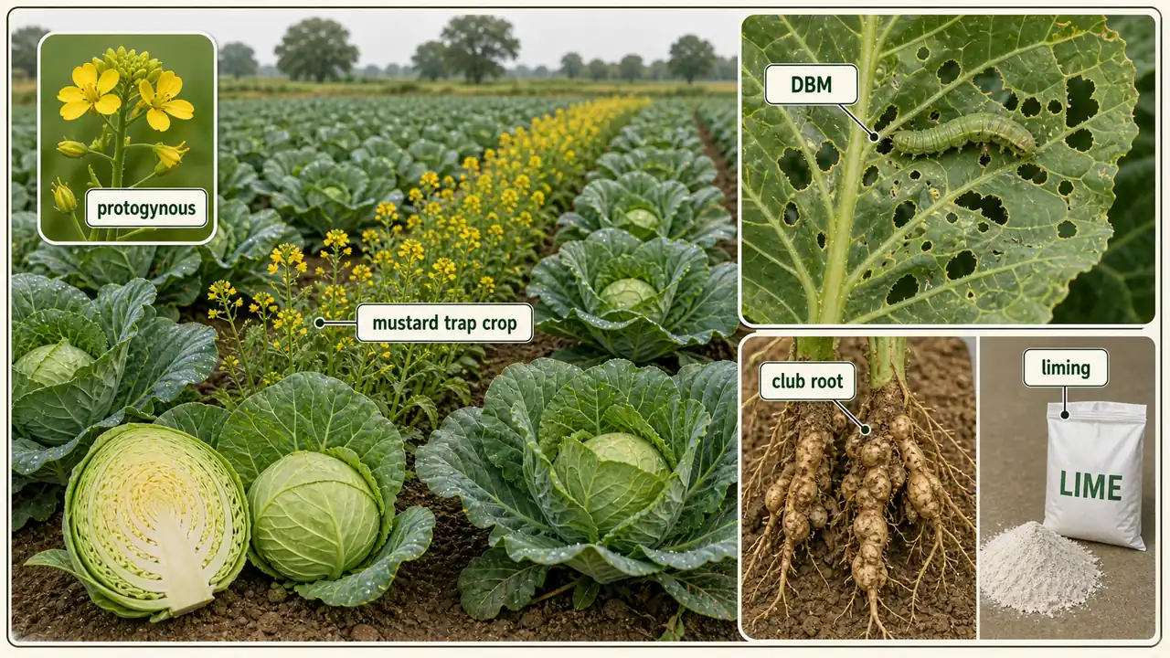 Cabbage and cole crops intro overview showing mustard trap crop, DBM damage, club root, liming, and protogynous flower cue
