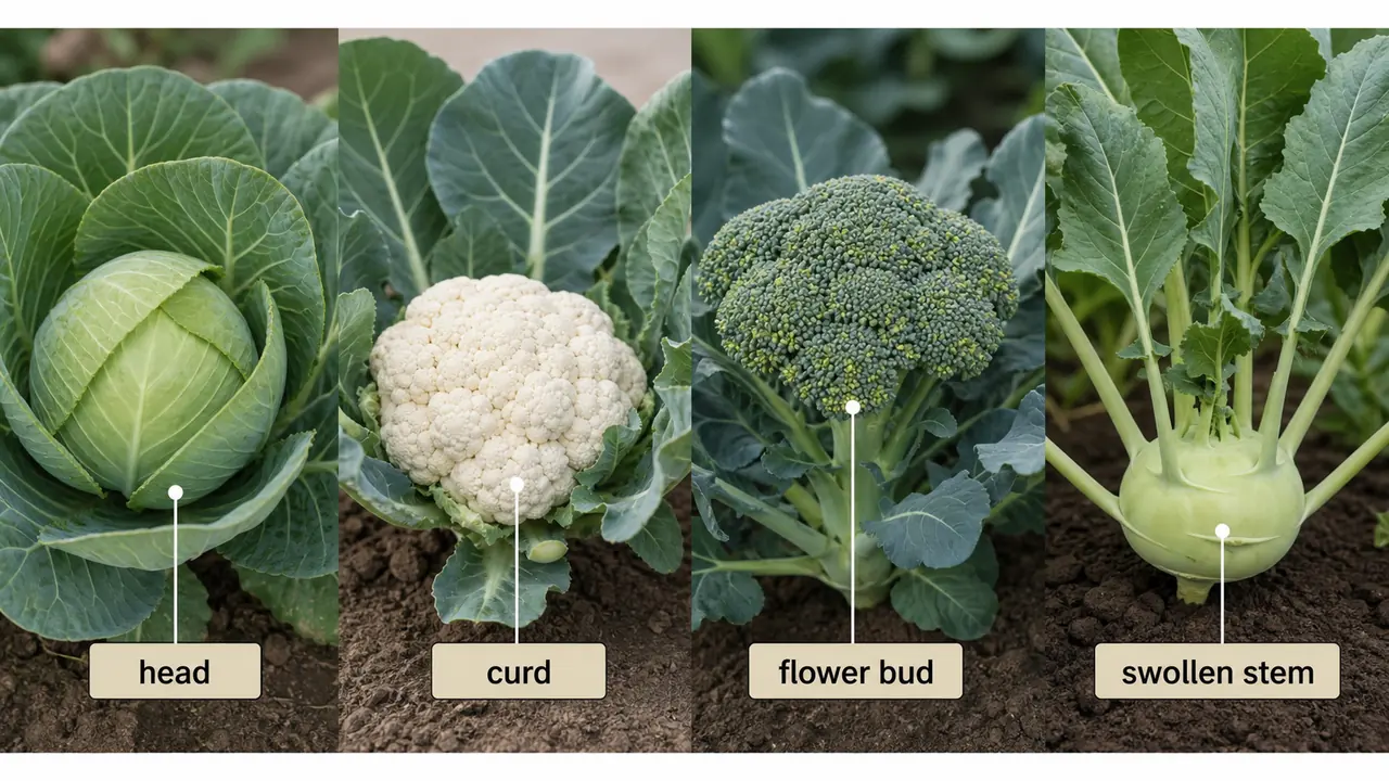 Cole crop comparison showing cabbage head, cauliflower curd, broccoli flower bud, and knol khol swollen stem