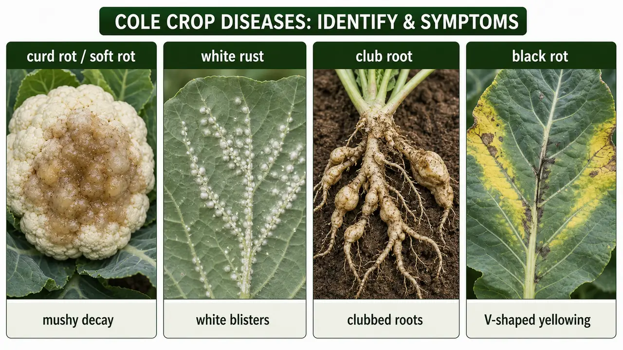 Diseases of cole crops comparison showing curd rot, white rust, club root, and black rot symptoms