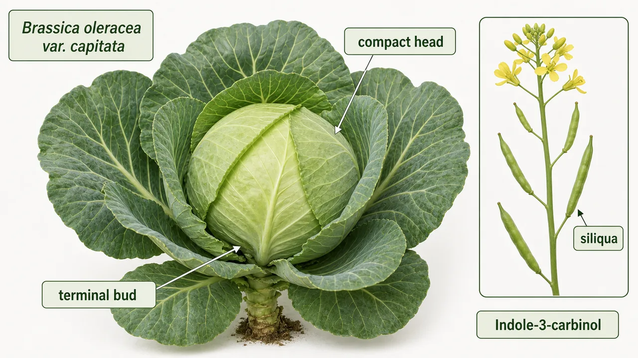 Cabbage detailed study visual showing Brassica oleracea var capitata head, terminal bud structure, and siliqua fruit inset