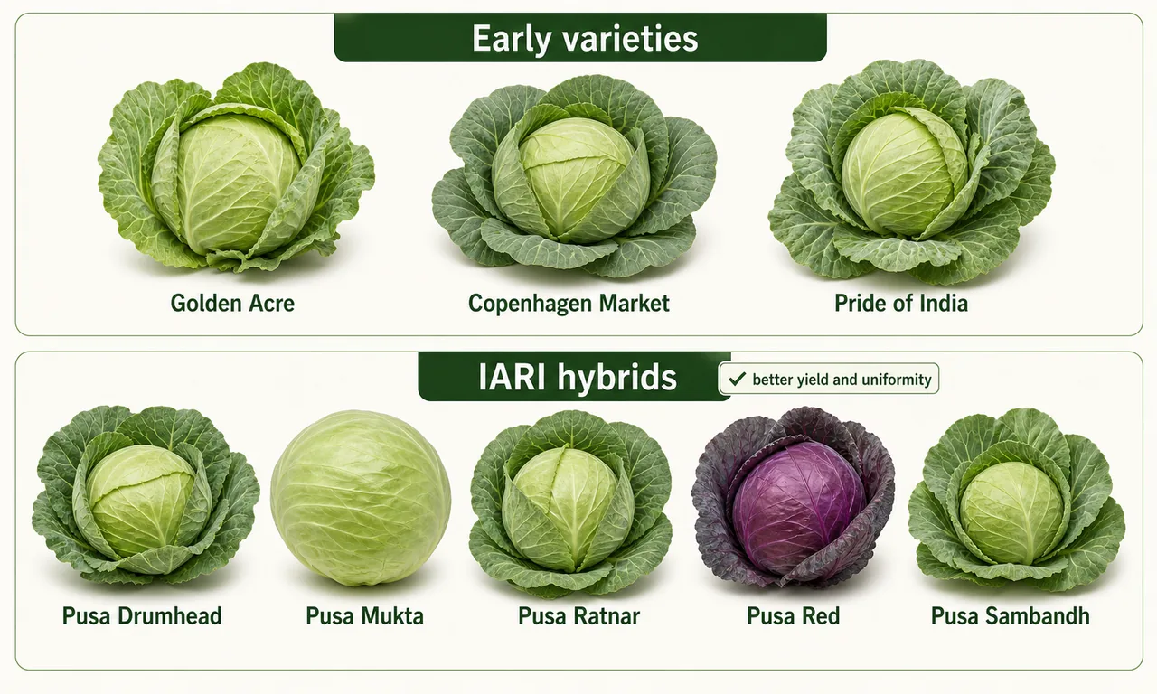 Cabbage varieties and hybrids board showing early varieties Golden Acre Copenhagen Market Pride of India and IARI hybrids Pusa Drumhead Pusa Mukta Pusa Ratnar Pusa Red and Pusa Sambandh
