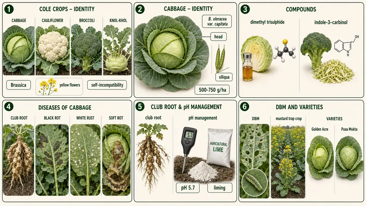 Cabbage and cole crops summary cheat sheet visual showing cole crop identity, cabbage identity, characteristic compounds, major diseases, club-root pH management, diamond back moth, trap crop, and key varieties