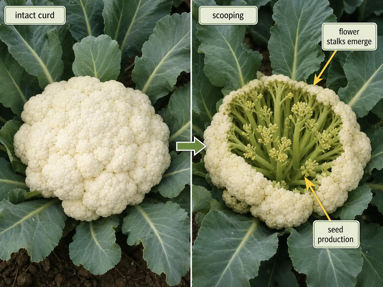 Cauliflower scooping for seed production showing intact curd and curd center removed to allow flower stalk emergence