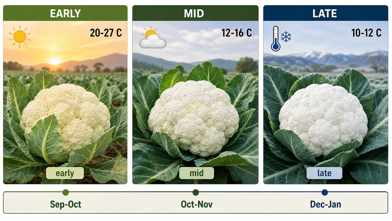 Cauliflower seasonal variety groups showing early, mid, and late curd development under different temperature ranges