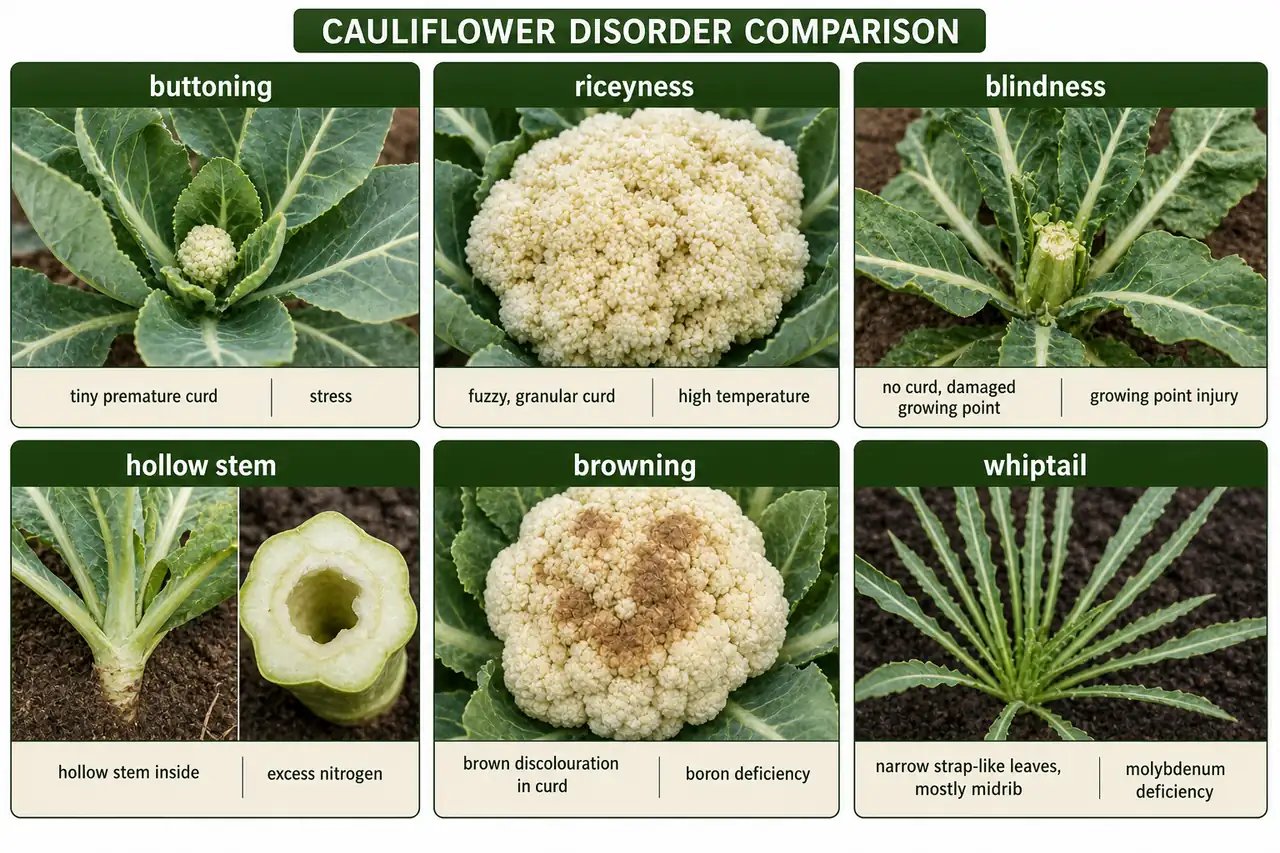 Cauliflower physiological disorders comparison showing buttoning, riceyness, blindness, hollow stem, browning, and whiptail