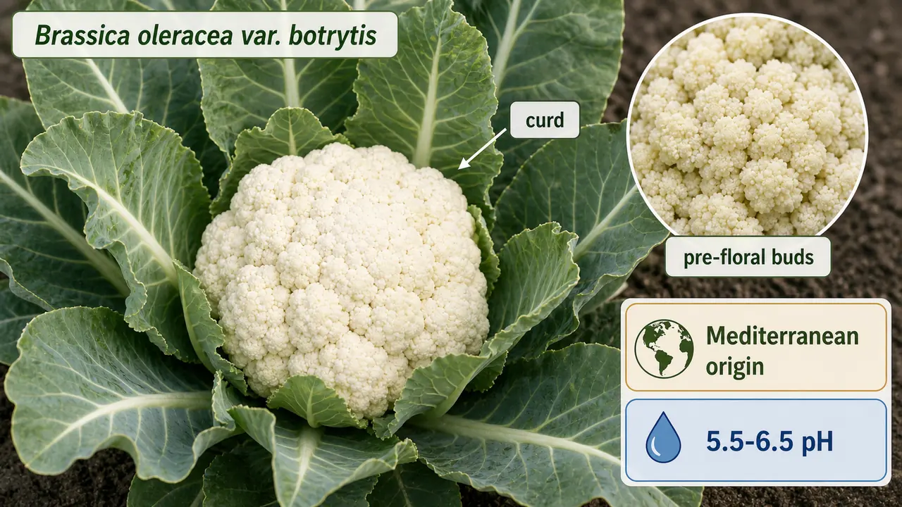 Cauliflower botanical identity visual showing Brassica oleracea var botrytis plant with white curd and inset of pre-floral buds