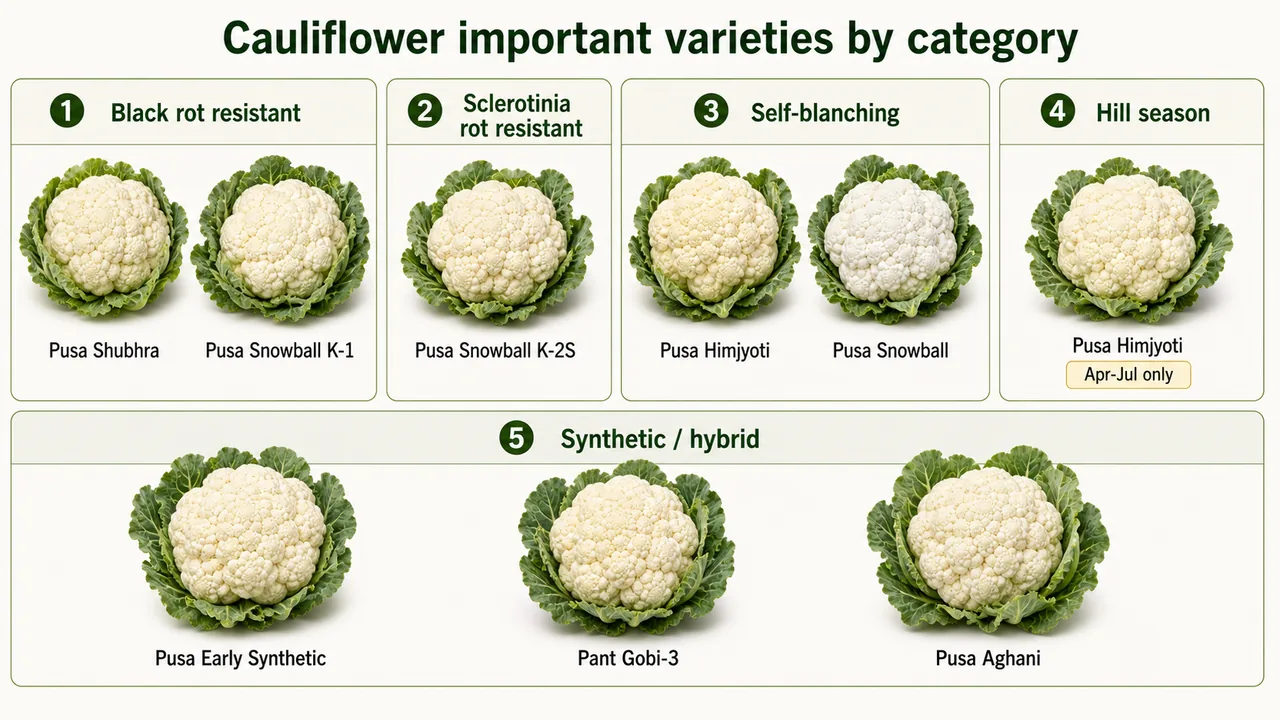Cauliflower important varieties by category showing black rot resistant sclerotinia rot resistant self-blanching hill season and synthetic hybrid groups