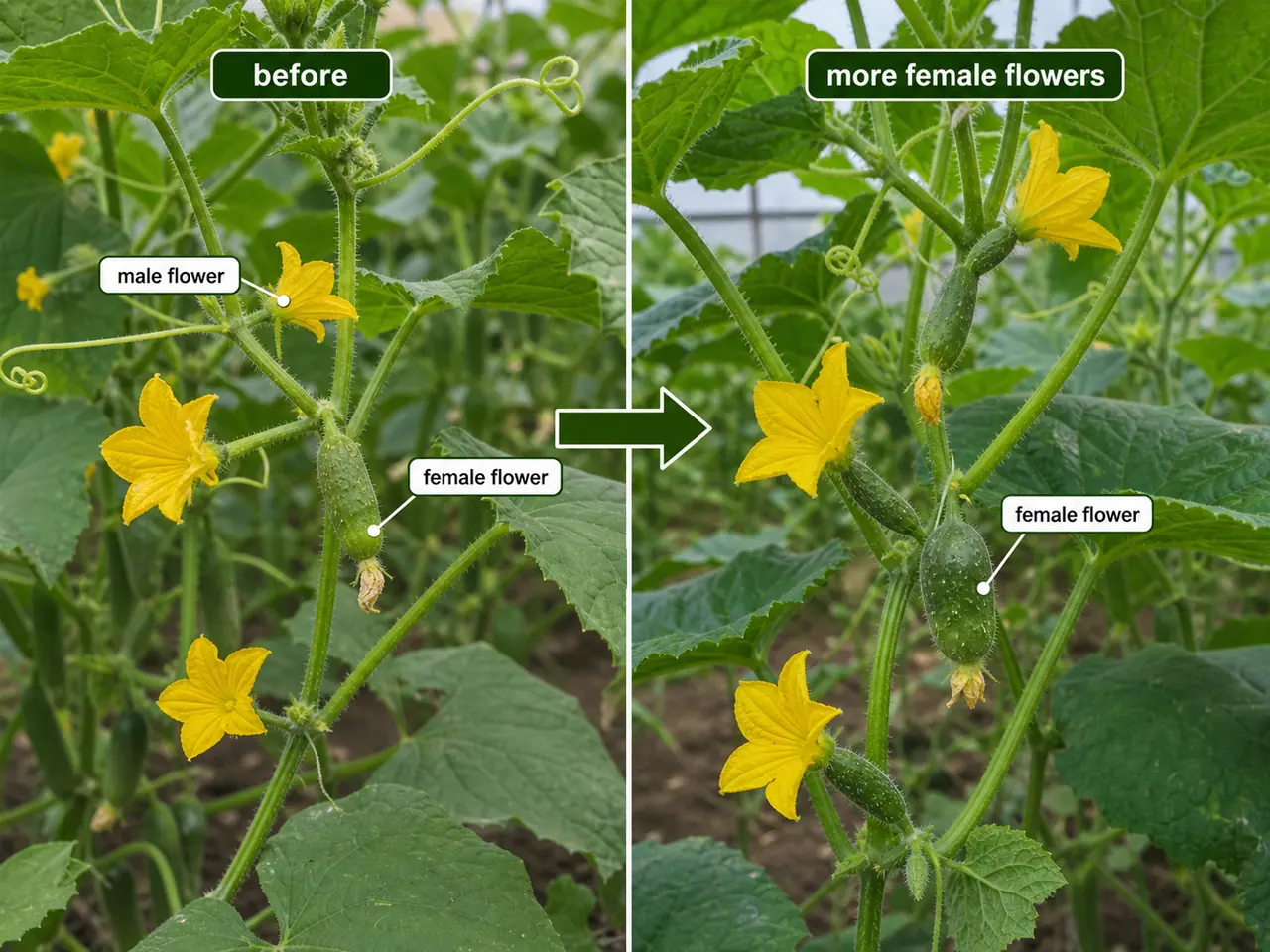 Cucumber sex modification visual showing male and female flowers before treatment and increased female flowers after treatment