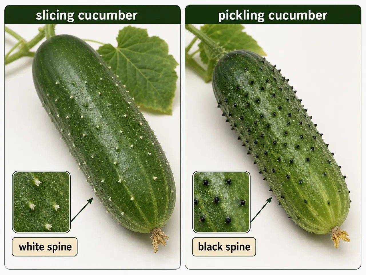 Cucumber maturity indicators showing slicing cucumber with white spines and pickling cucumber with black spines