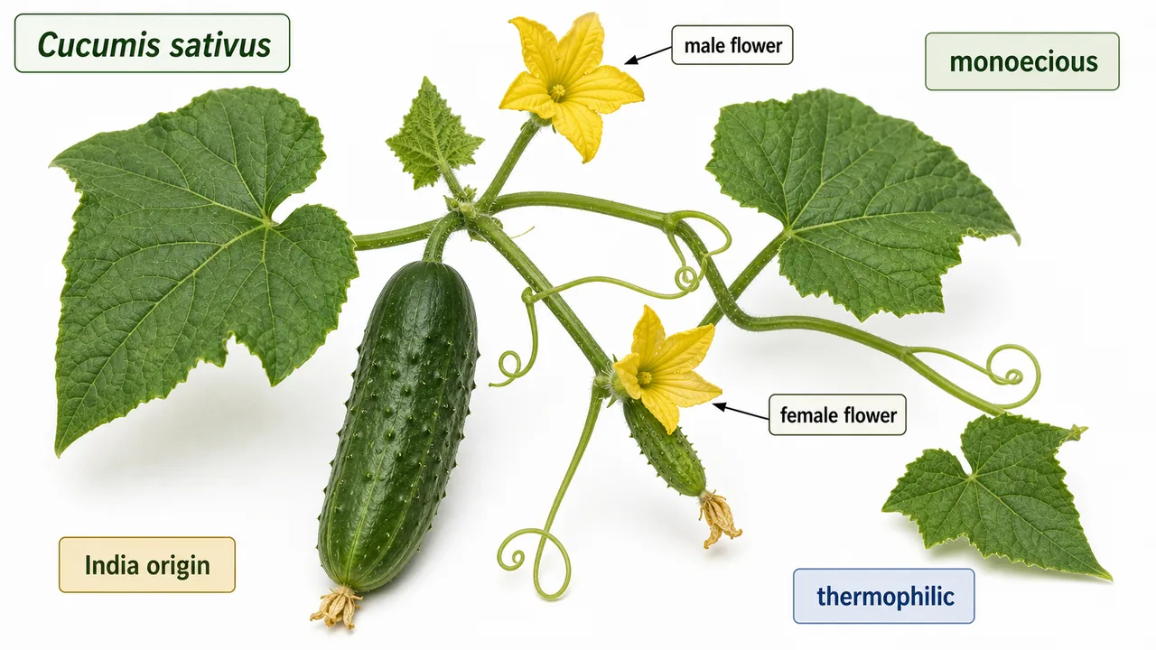 Cucumber botanical identity visual showing Cucumis sativus vine with male and female flowers, monoecious habit, and mature fruit