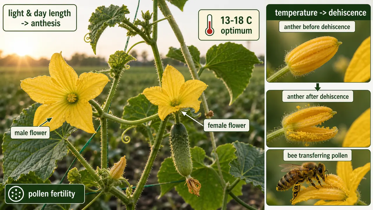 Cucumber anthesis and pollination visual showing male and female flowers, light and day length effects on anthesis, and temperature effects on dehiscence