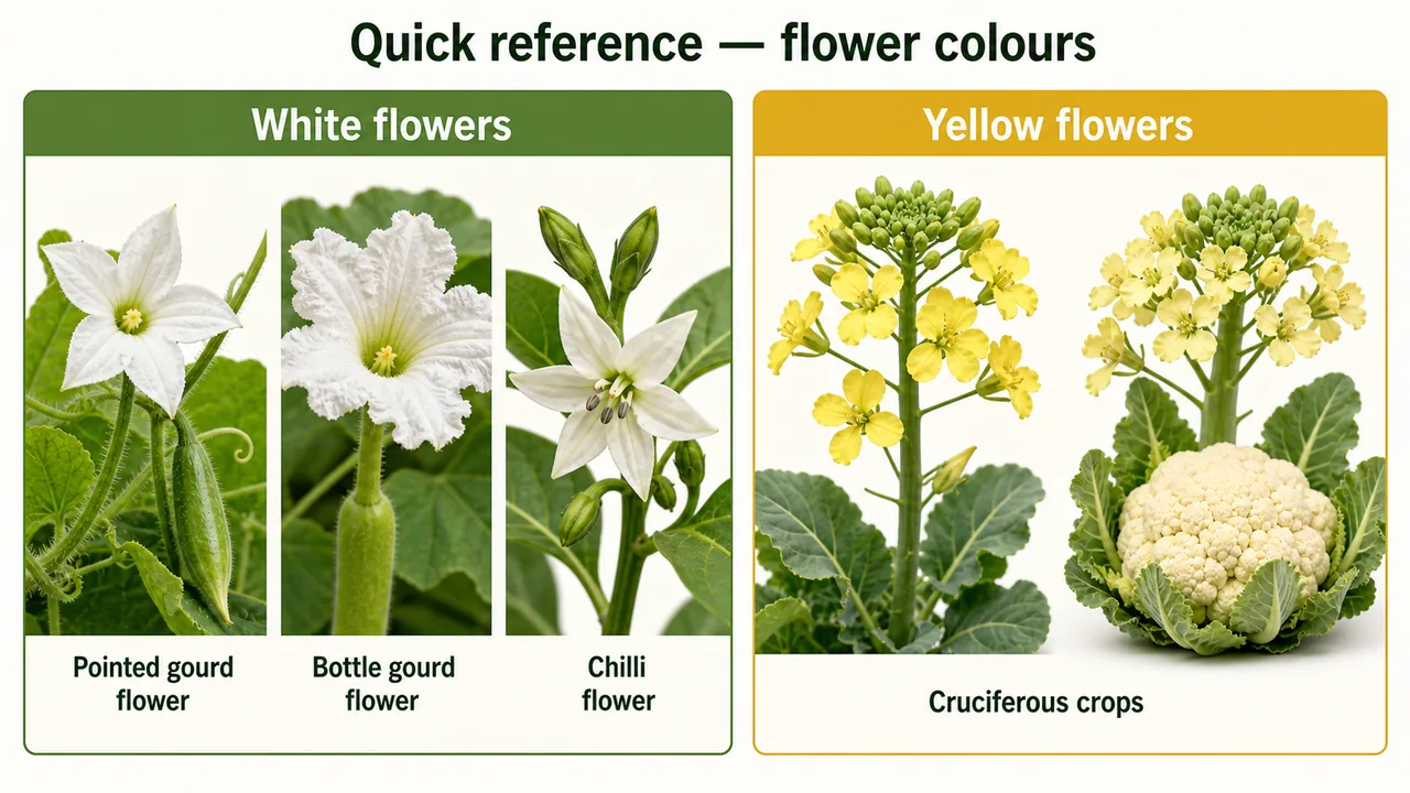 Flower colour quick reference showing white flowers in pointed gourd bottle gourd and chilli and yellow flowers in cruciferous crops like cabbage and cauliflower
