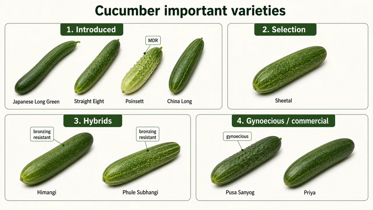 Cucumber important varieties board showing introduced selection hybrid and gynoecious commercial groups with Poinsett Himangi Phule Subhangi Pusa Sanyog and Priya
