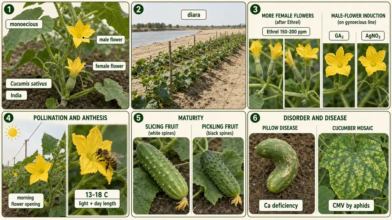 Cucumber summary cheat sheet visual showing crop identity, diara cultivation, sex modification, pollination cues, spine-based maturity, pillow disease, and cucumber mosaic virus