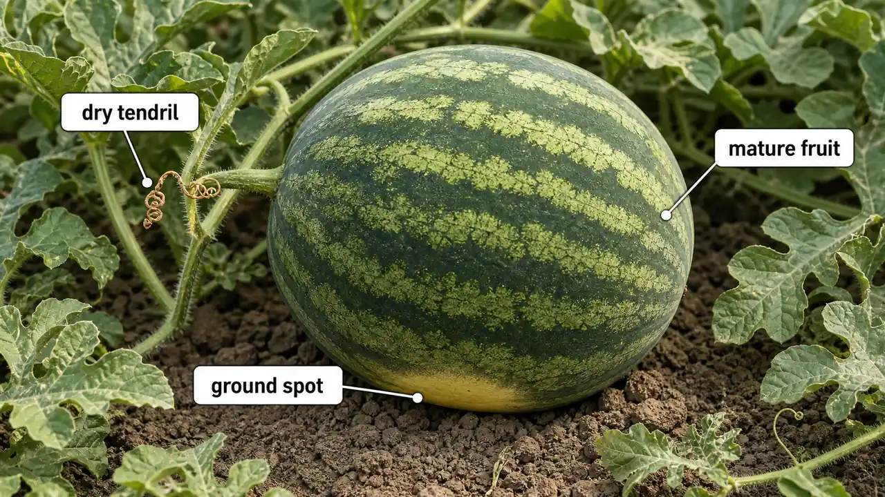 Watermelon maturity indicators showing dry tendril, yellow ground spot, and mature fruit on the vine