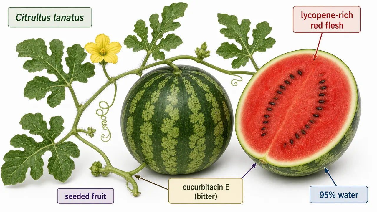 Watermelon botanical identity visual showing vine, fruit, cut red flesh, and key labels for Citrullus lanatus and lycopene-rich flesh
